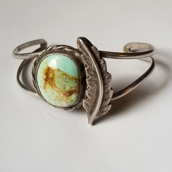 Vintage Jewelry - Old pawn silver green rhyolite cuff bracelet